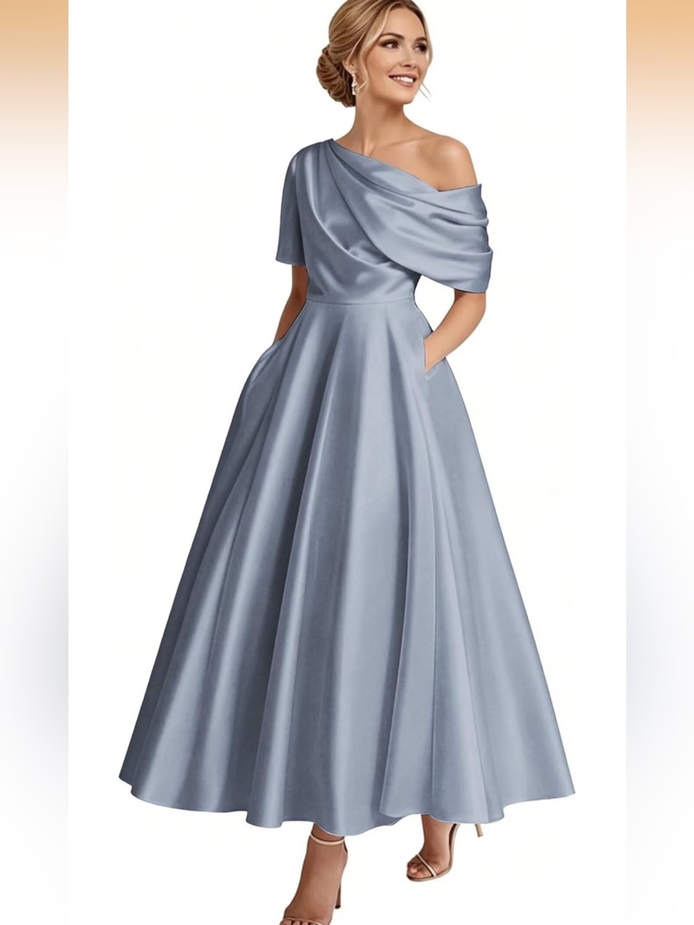 One-Shoulder Satin Gown in Silver Blue